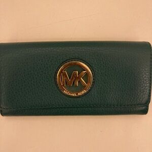 Michael Kors Dark Teal Pebbled Leather Wallet with Gold MK Emblem